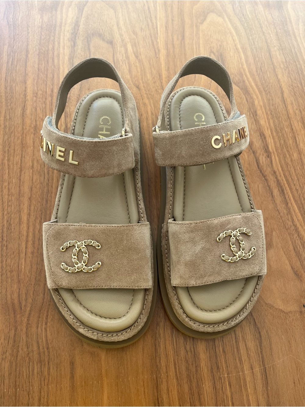 Authentic Chanel Beige Suede Logo Slingback Sandals size 37 (US 7)